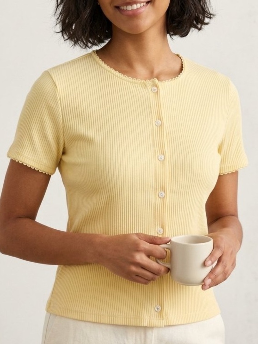 Wishlist Pale Butter Yellow Ribbed Button-Front Short Sleeve Cardigan Preppy Top